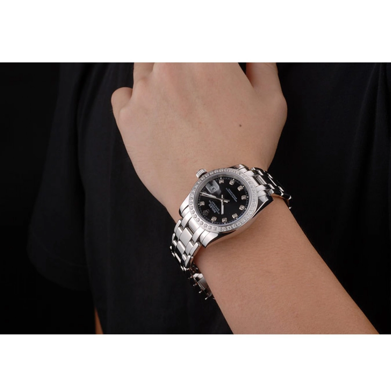 AAA Replica Watches Steel Black DateJust Rolex Bracelet Bezel Stainless Dial Diamond 0721